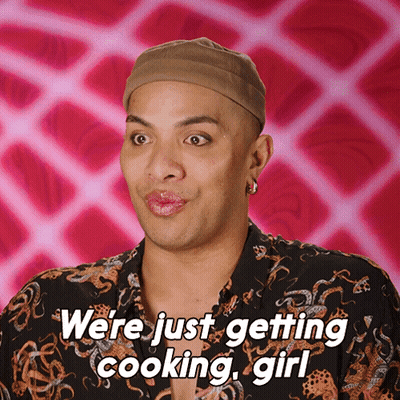 A Man With Lipstick On His Lips And The Words " Were Just Getting Cooking Girl " GIF