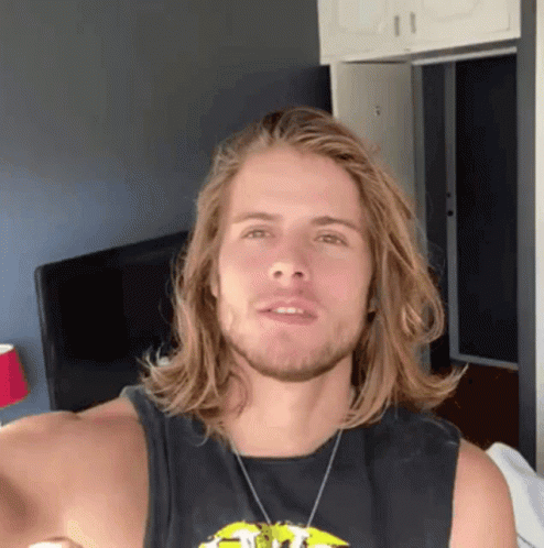 Man With Long Blonde Hair And Beard In Black Tank Top GIF