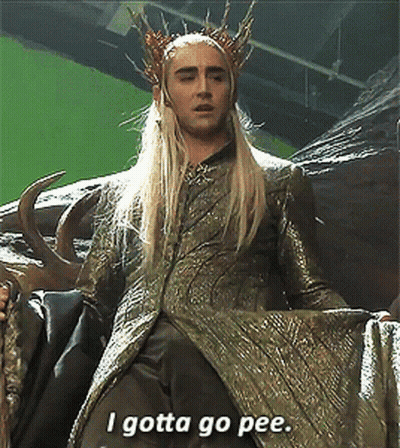 A Man With Long Blonde Hair And A Crown On His Head Says I Gotta Go Pee GIF