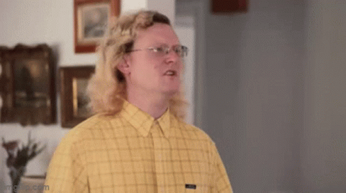 A Man With Long Blonde Hair And Glasses Is Wearing A Yellow Plaid Shirt And Glasses . GIF