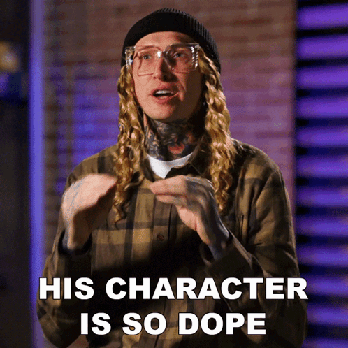 A Man With Long Blonde Hair And Glasses Says " His Character Is So Dope " GIF