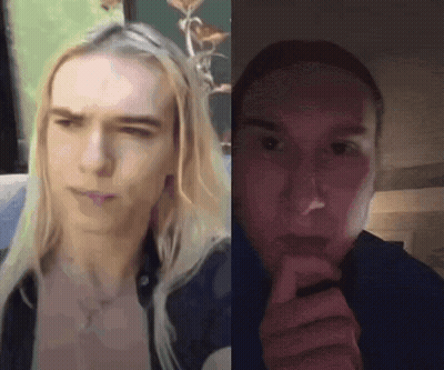 A Man With Long Blonde Hair Is Sitting Next To A Woman With Short Hair . GIF