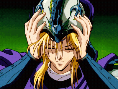 A Man With Long Blonde Hair Is Wearing A Helmet With A Dragon Design On It GIF