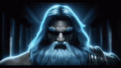 A Man With Long Blue Hair And A Beard Is Standing In A Dark Room GIF