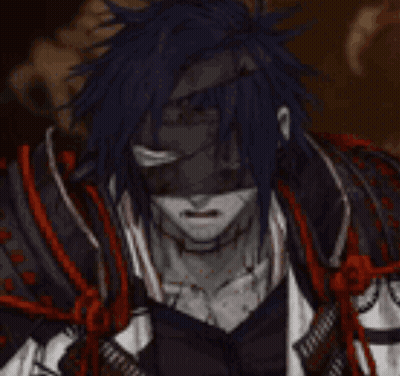A Man With Long Blue Hair Is Wearing A Mask And Armor . GIF