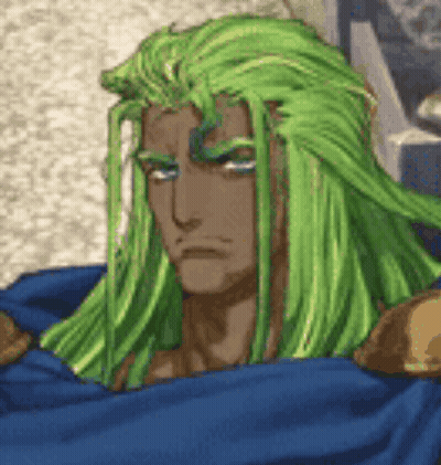 A Man With Long Green Hair And Blue Eyes Is Wearing A Blue Cape . GIF