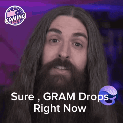 A Man With Long Hair And A Beard Has A Sticker That Says Coming Soon GIF
