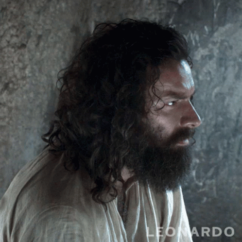 A Man With Long Hair And A Beard Has Leonardo Written On The Bottom GIF