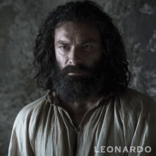 A Man With Long Hair And A Beard Has The Name Leonardo Below Him GIF