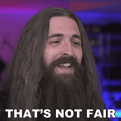 A Man With Long Hair And A Beard Has The Words That 'S Not Fair On His Face GIF
