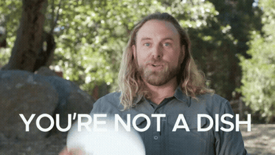 A Man With Long Hair And A Beard Is Holding A Frisbee And Says You 'Re Not A Dish GIF