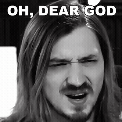 A Man With Long Hair And A Beard Is Making A Funny Face With The Words Oh Dear God Above Him GIF