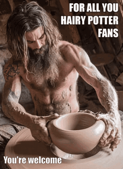 A Man With Long Hair And A Beard Is Making A Pot With The Words " For All You Hairy Potter Fans " GIF