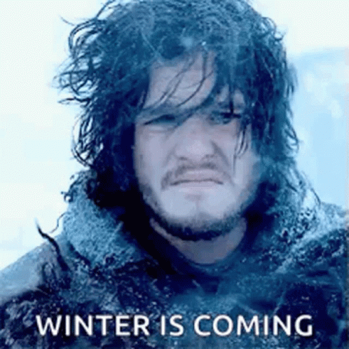 A Man With Long Hair And A Beard Is Standing In The Snow With The Words `` Winter Is Coming '' . GIF