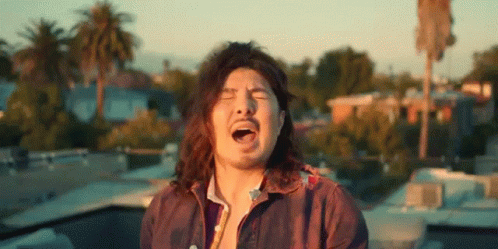 A Man With Long Hair And A Beard Is Standing On Top Of A Roof With His Mouth Open . GIF