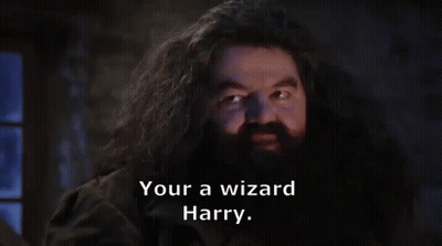 A Man With Long Hair And A Beard Is Talking To Harry Potter In A Dark Room . GIF