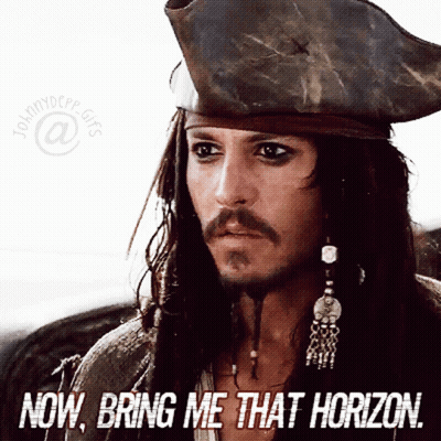 A Man With Long Hair And A Beard Is Wearing A Pirate Hat And Saying " Now Bring Me That Horizon " GIF