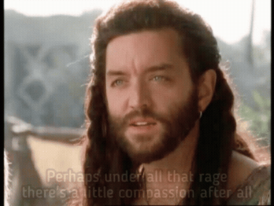 A Man With Long Hair And A Beard Says " Perhaps Under All That Rage There Is A Little Compassion After All " GIF