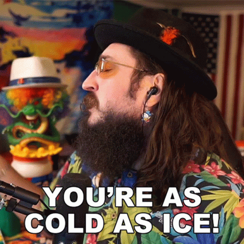 A Man With Long Hair And A Beard Says " You 'Re As Cold As Ice " In Front Of A Microphone GIF