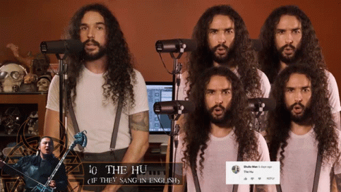 A Man With Long Hair And A Beard Singing Into Microphones GIF