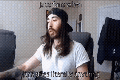 A Man With Long Hair And A Beard Wearing A Hat Says Jace Fans When Jace Literally Anything GIF