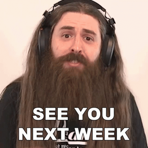 A Man With Long Hair And A Beard Wearing Headphones Says " See You Next Week " GIF