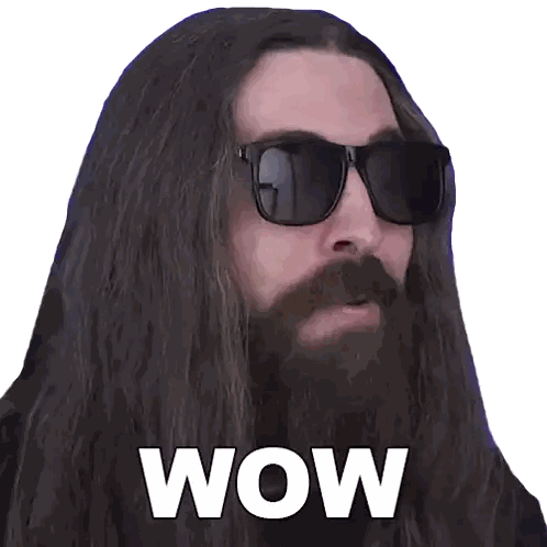 A Man With Long Hair And A Beard Wearing Sunglasses Has The Word Wow On His Face Sticker