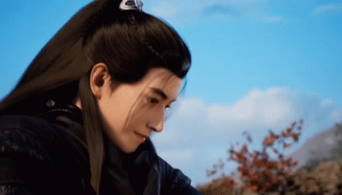 A Man With Long Hair And A Crown On His Head Is Looking Down GIF