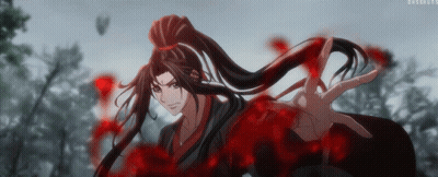 A Man With Long Hair And A Ponytail Is Surrounded By Red Blood GIF
