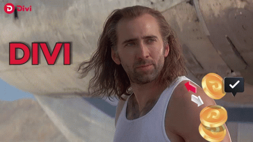 A Man With Long Hair And A White Tank Top Stands In Front Of A Sign That Says " Divi " GIF