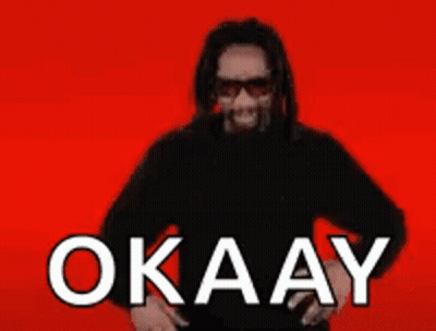 A Man With Long Hair And Sunglasses Is Wearing A Black Shirt And Sunglasses And Says Okay On A Red Background . GIF