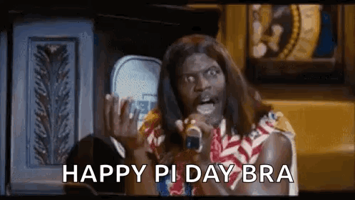A Man With Long Hair Is Holding A Microphone In His Hand And Says `` Happy Pi Day Bra '' . GIF