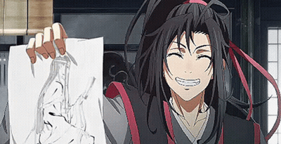 A Man With Long Hair Is Holding A Piece Of Paper With A Drawing Of A Hand On It . GIF