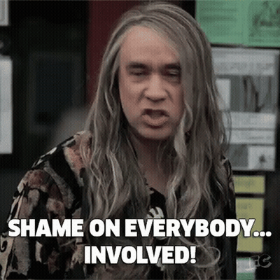 A Man With Long Hair Is Making A Funny Face And Saying `` Shame On Everybody Involved ! '' GIF
