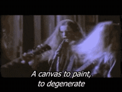 A Man With Long Hair Is Playing A Guitar And Says " A Canvas To Paint To Degenerate " . GIF