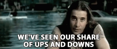 A Man With Long Hair Is Sitting In Front Of A Pool Of Water And Says We 'Ve Seen Our Share Of Ups And Downs GIF
