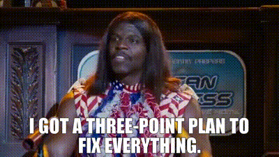 A Man With Long Hair Is Sitting In Front Of A Sign That Says `` I Got A Three-Point Plan To Fix Everything . `` GIF