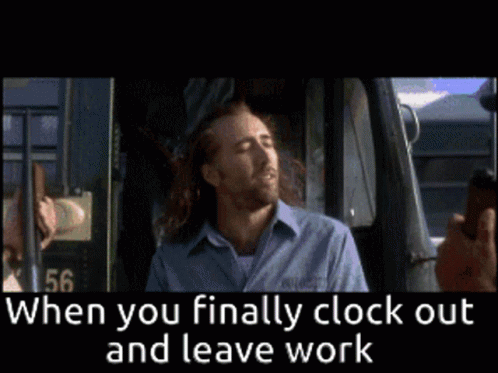A Man With Long Hair Is Smiling In A Car With A Caption That Says When You Finally Clock Out And Leave Work GIF