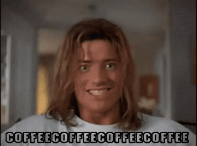 A Man With Long Hair Is Smiling With The Words Coffee Coffee Coffee Coffee Written Below Him GIF