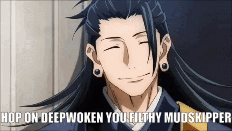 A Man With Long Hair Is Smiling With The Words Hop On Deepwoken You Filthy Mudskipper Above Him GIF