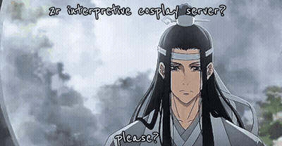 A Man With Long Hair Is Standing In Front Of A Cloudy Sky With The Words " Zr Interpretive Cosplay Server Please " Below GIF
