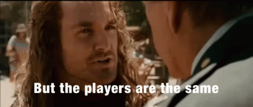 A Man With Long Hair Is Talking To Another Man With The Words But The Players Are The Same GIF
