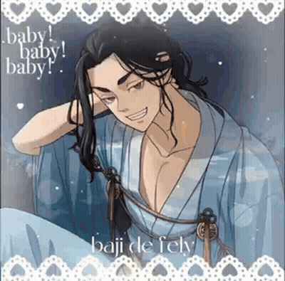A Man With Long Hair Is Wearing A Blue Kimono And Smiling With His Hand On His Head . GIF