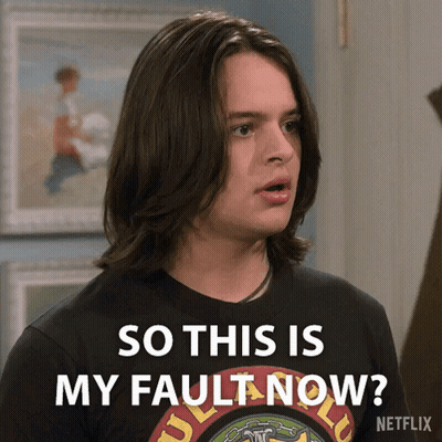 A Man With Long Hair Is Wearing A T-Shirt That Says So This Is My Fault Now GIF