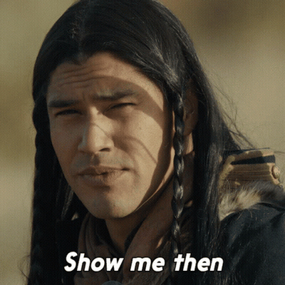 A Man With Long Hair Says Show Me Then In White Letters GIF