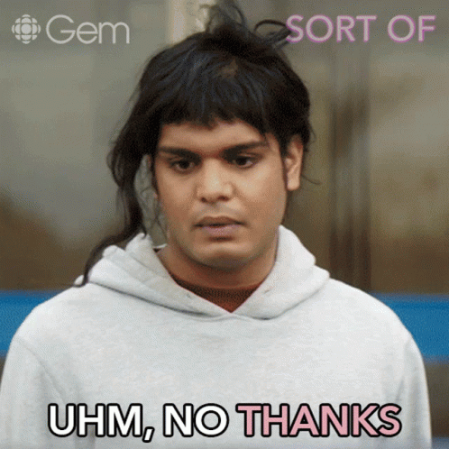 A Man With Long Hair Says Uhm No Thanks In Front Of A Gem Logo GIF