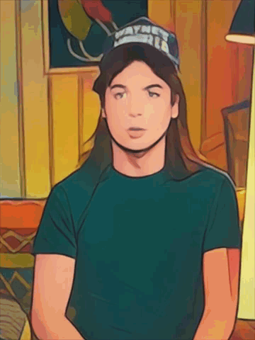 A Man With Long Hair Wearing A Hat That Says Wayne On It GIF