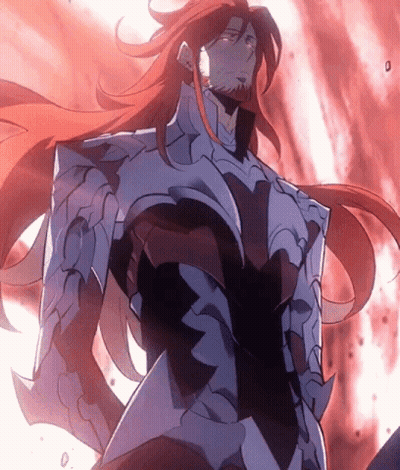 A Man With Long Red Hair And A Beard Is Wearing A Blue Armor GIF