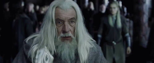 A Man With Long White Hair And A Beard Is Looking At The Camera GIF