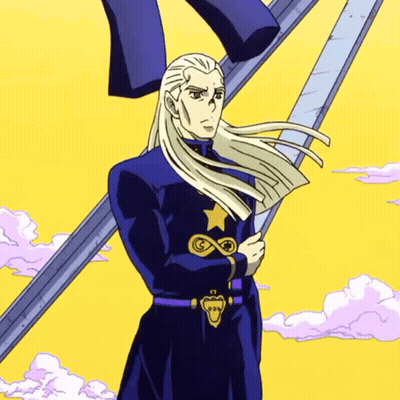 A Man With Long White Hair And A Star On His Belt Is Standing In Front Of A Yellow Background GIF